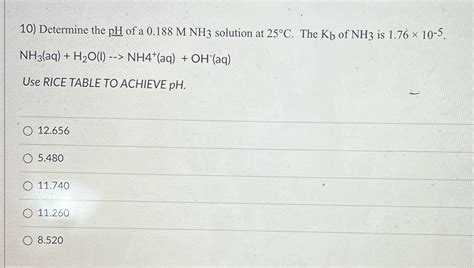 kb for nh3|Solved Determine the pH of (a) a 0.10 M NH3 